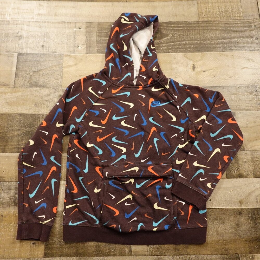 Nike All-Over Swoosh Hoodie Boys XL Brown Multicolor Streetwear Pullover